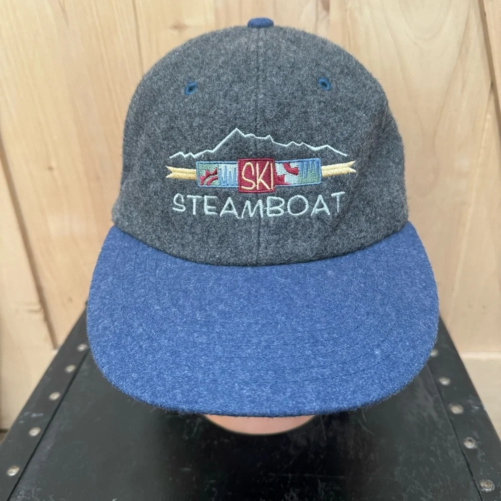 Vintage 80s Steamboat Ski Resort Wool Hat Trucker Adjustable Cap Gray Blue